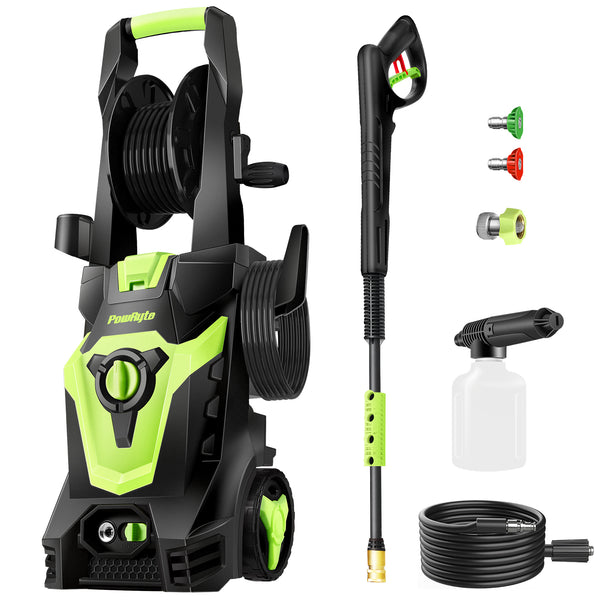 PowRyte Electric Pressure Washer with Hose Reel, Foam Cannon, 2 Differ ...