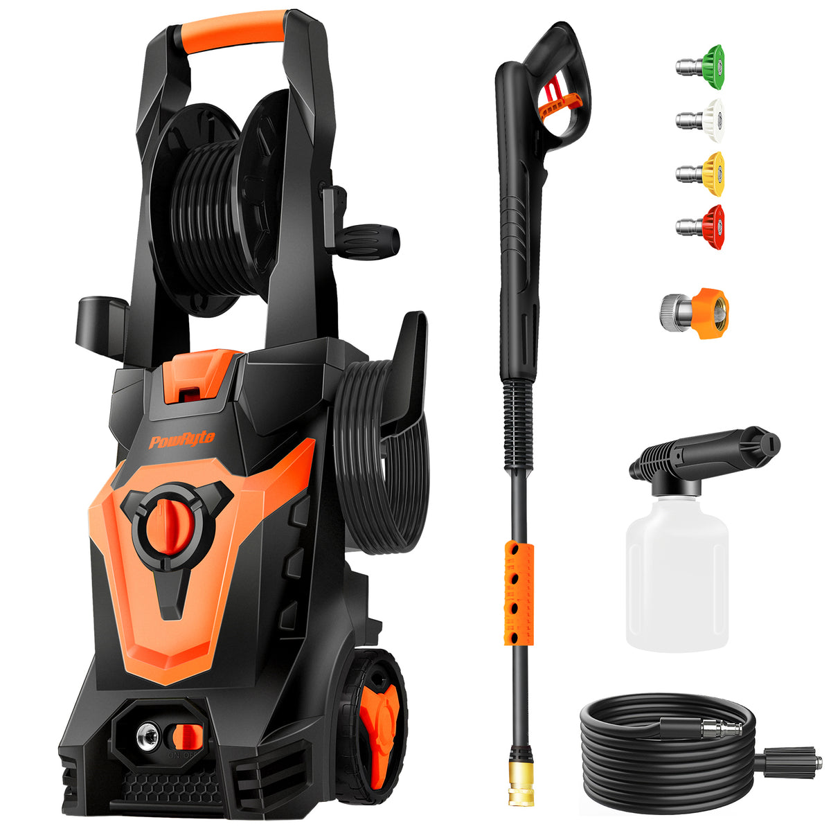 PowRyte Electric Pressure Washer with Hose Reel, Foam Cannon, 4 Differ ...